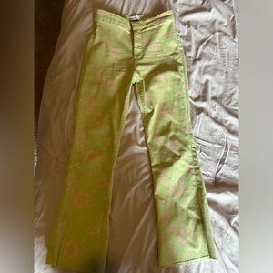 Lime green ankle flared pants with pink flowers